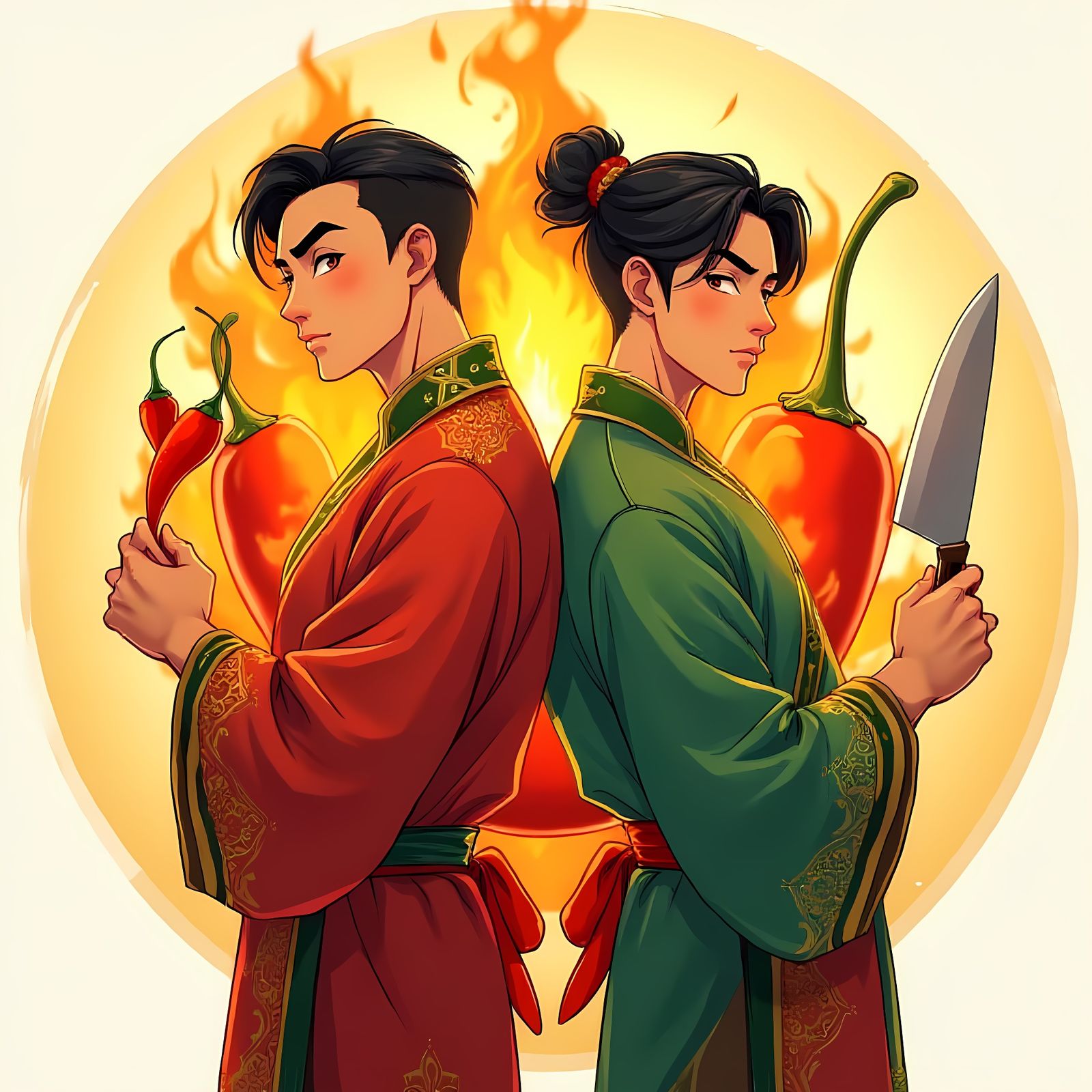 Thai Chefs in Anime Style with Knives and Peppers