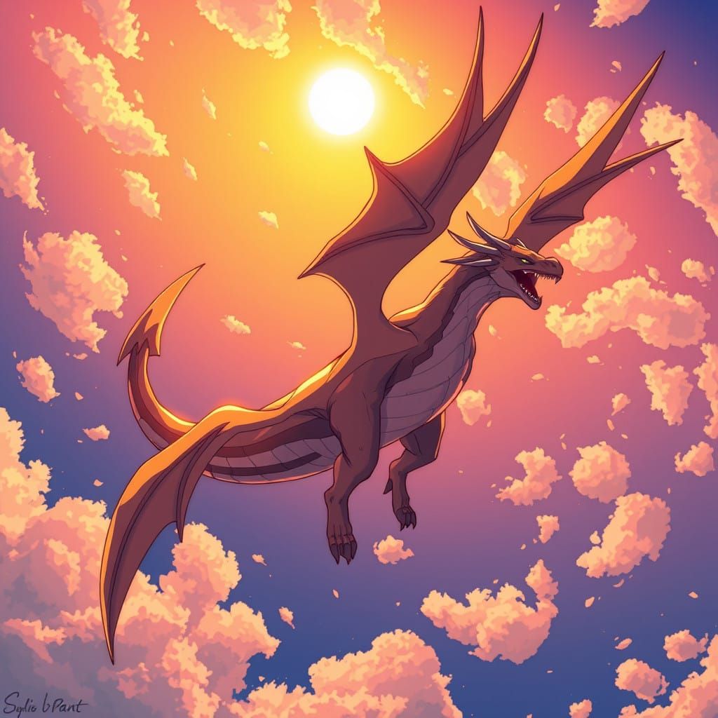 Majestic Three-Winged Dragon Soars Through Sunset Skies