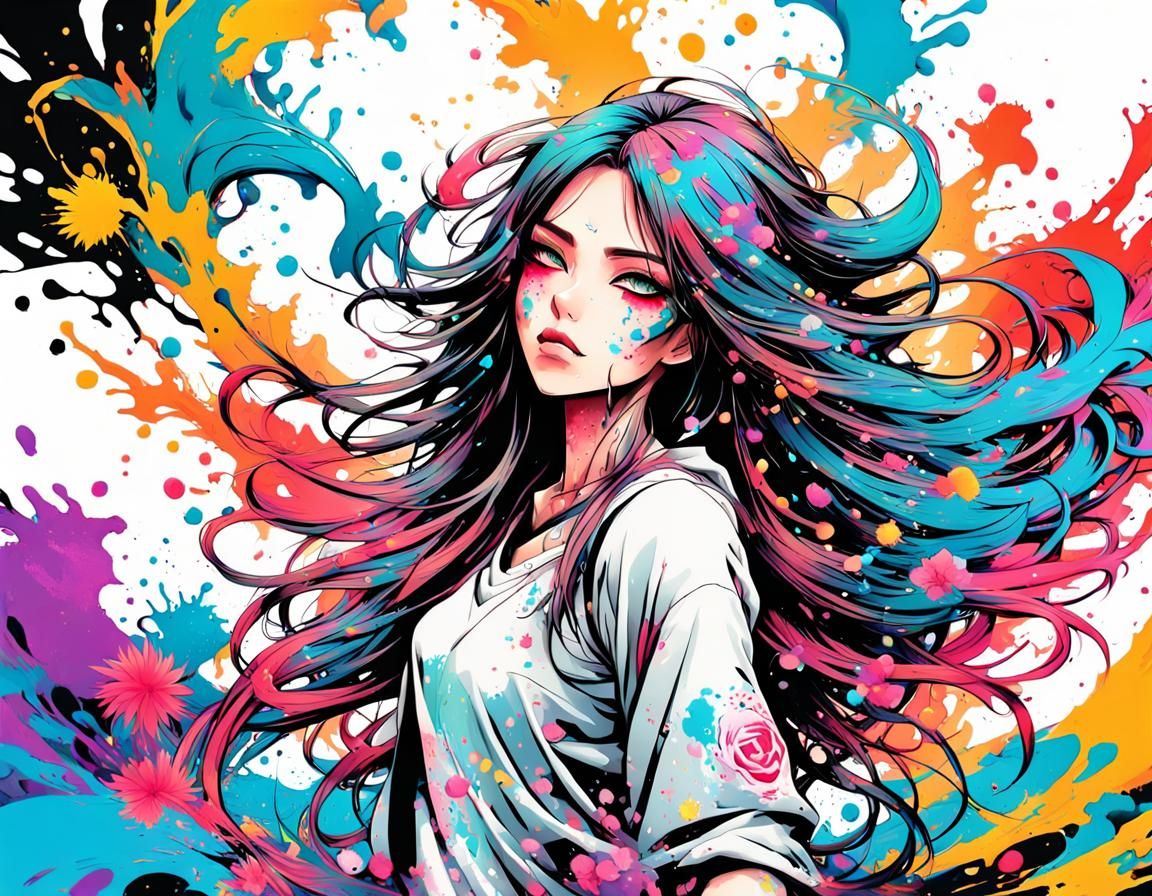 Colorful Ink Splash Art of a Woman in Anime Style