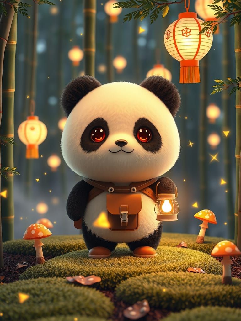 Kawaii Panda's Night Adventure in Glowing Forest