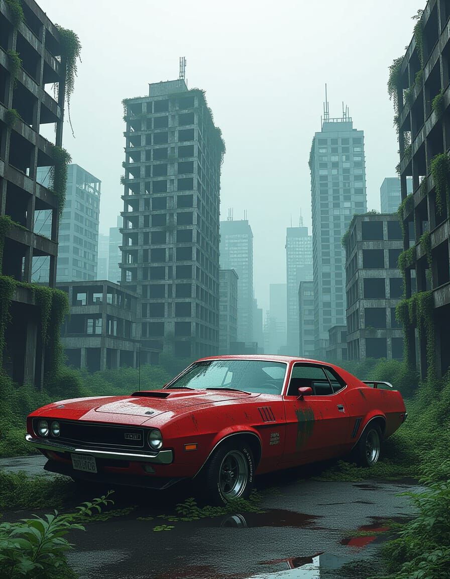 Abandoned Muscle Car in Overgrown Metropolis