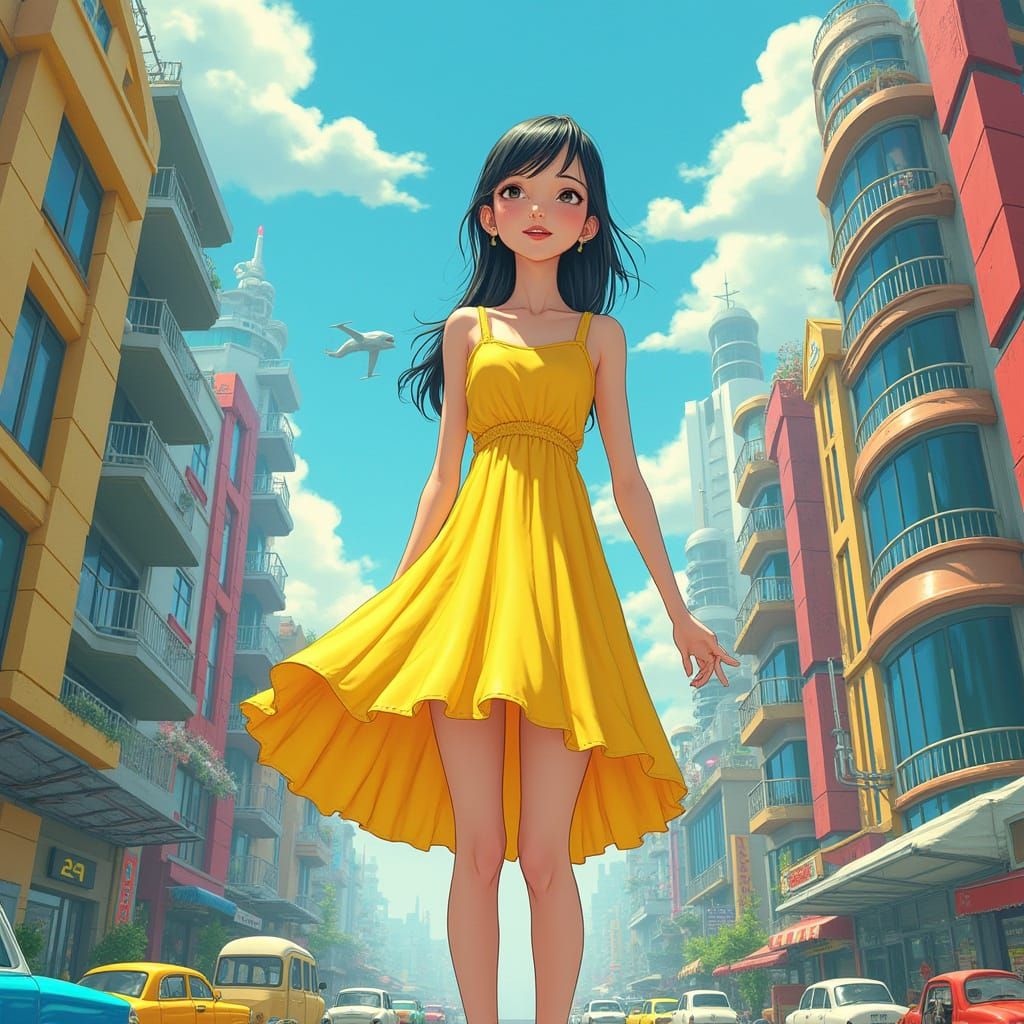 Giantess in Miniature Cityscape, Kojima-Mead-Loish Style