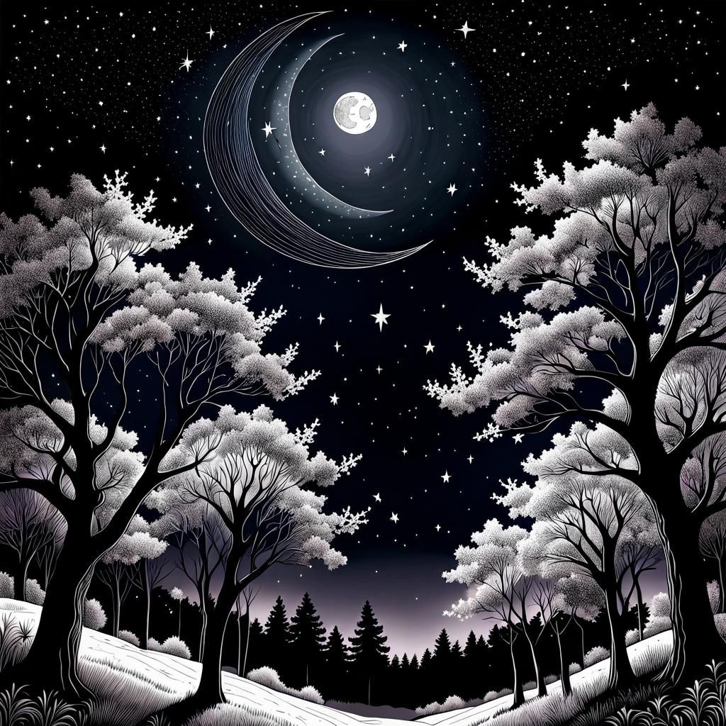 Monochrome Starry Sky Line Drawing in 8k