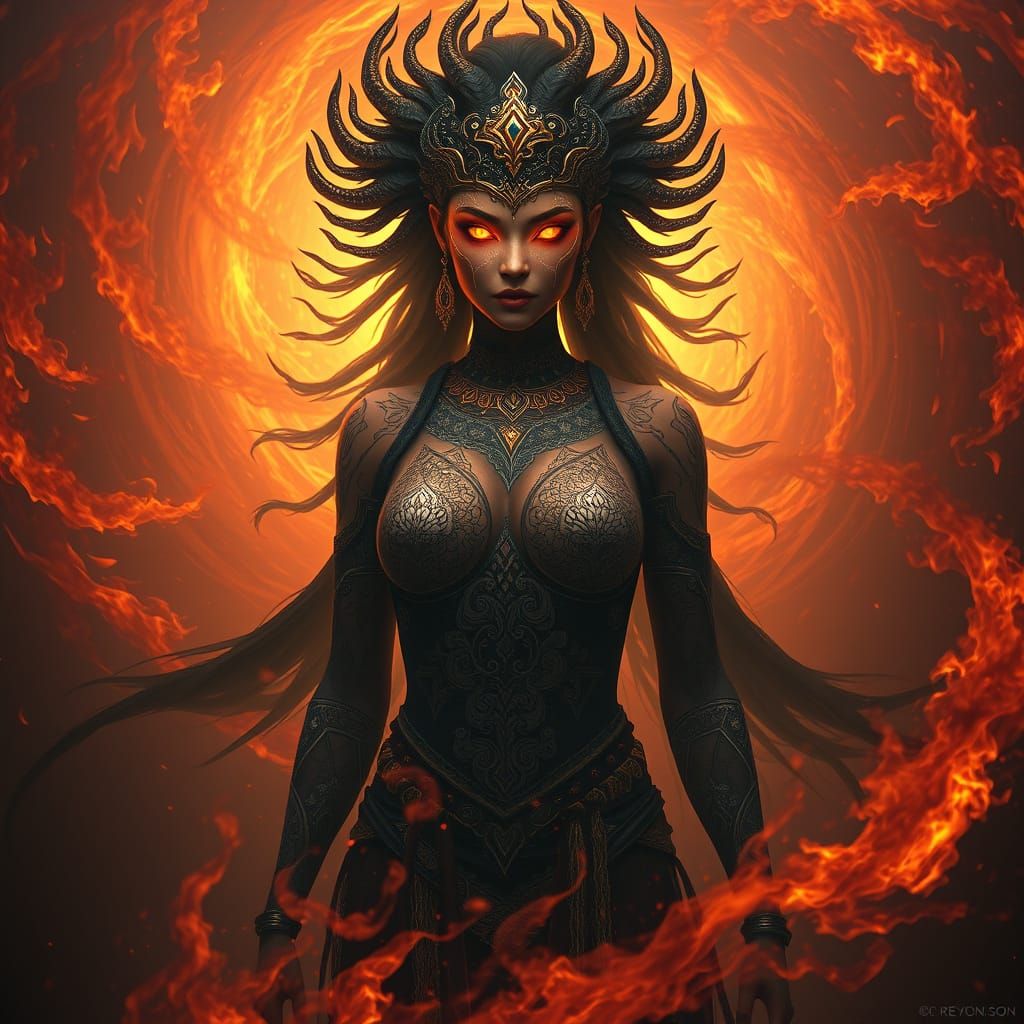 Mystical Brazilian Goddess with Amber Eyes Amidst Fiery Vort...