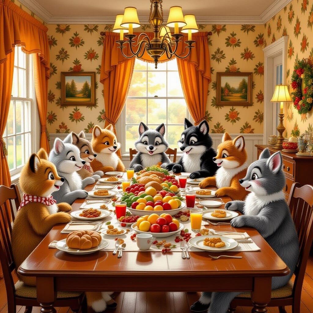 Woodland Creatures Thanksgiving Feast in Norman Rockwell Sty...