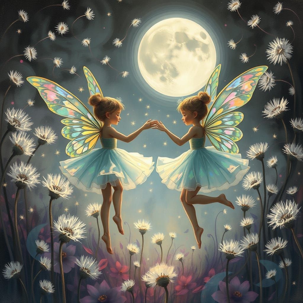 Whimsical Pixies Dance in a Dazzling Dandelion Carnival