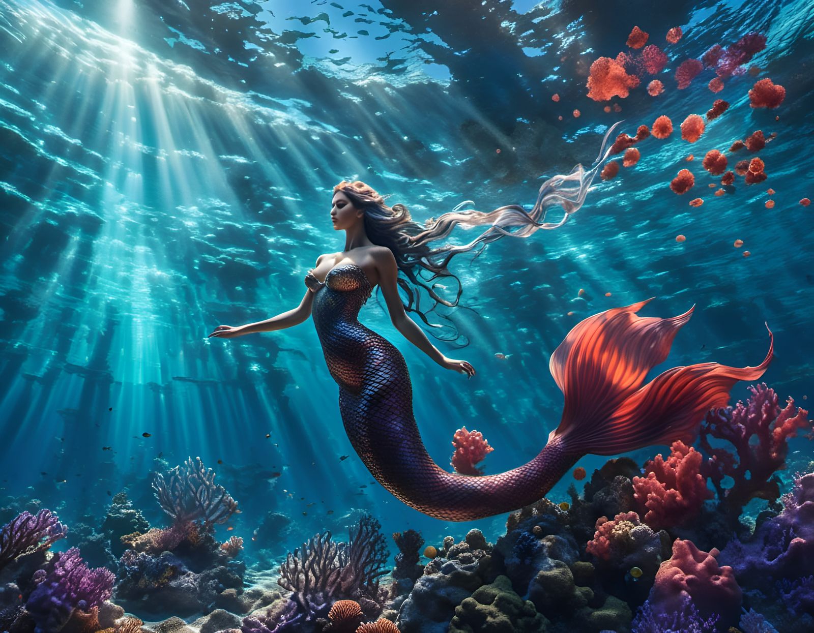 Mermaid swimming through a coral reef. <lora:mermaid:1.0> <l...
