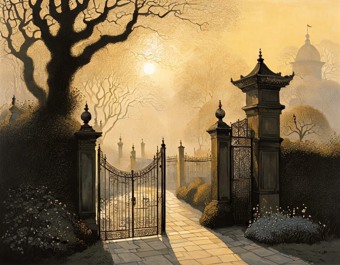 Expressive Garden Gate in Hazy Evening Light