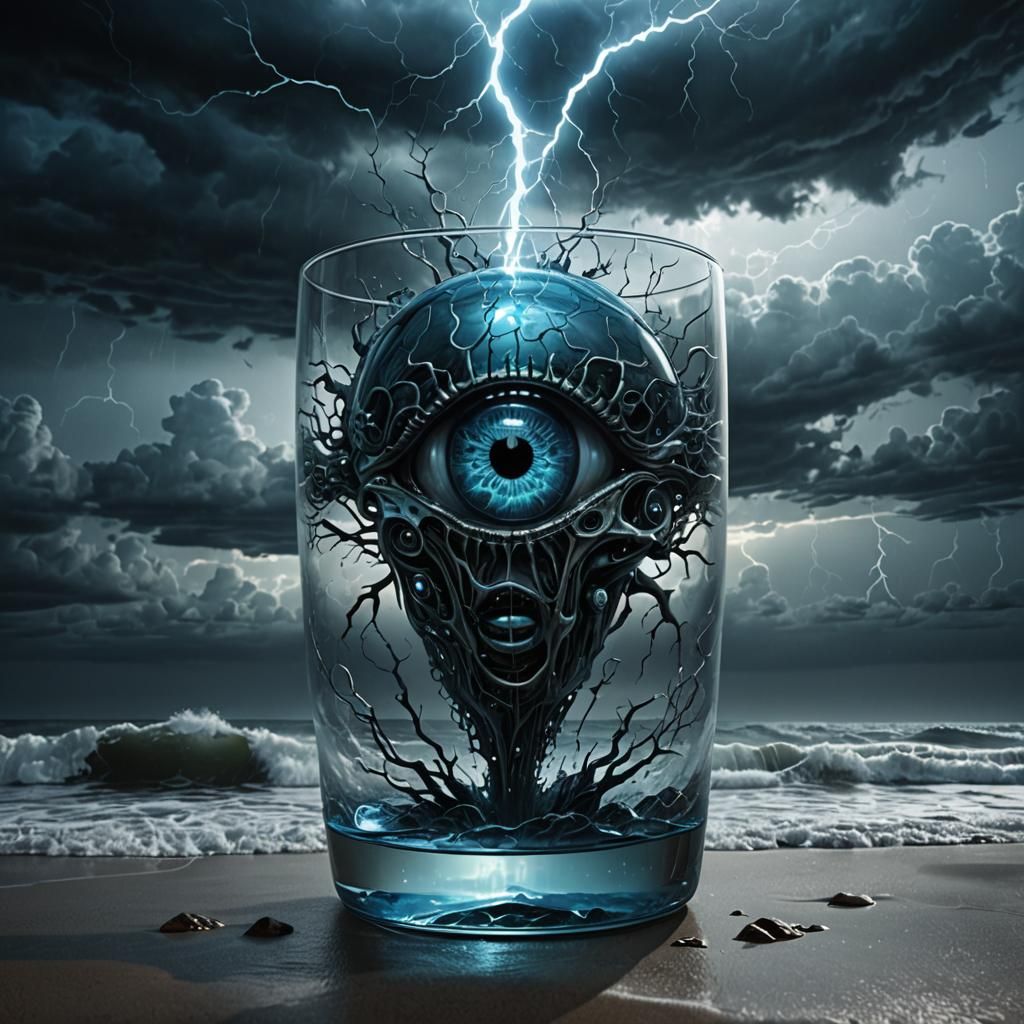 Glass 'A' with Bioluminescent Eye Above Waves