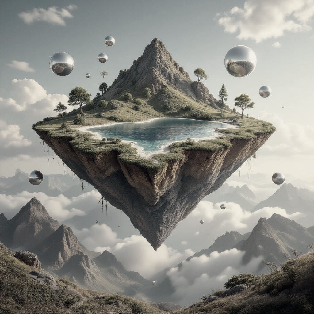 Surreal Inverted Island Floating Over Desert Landscape