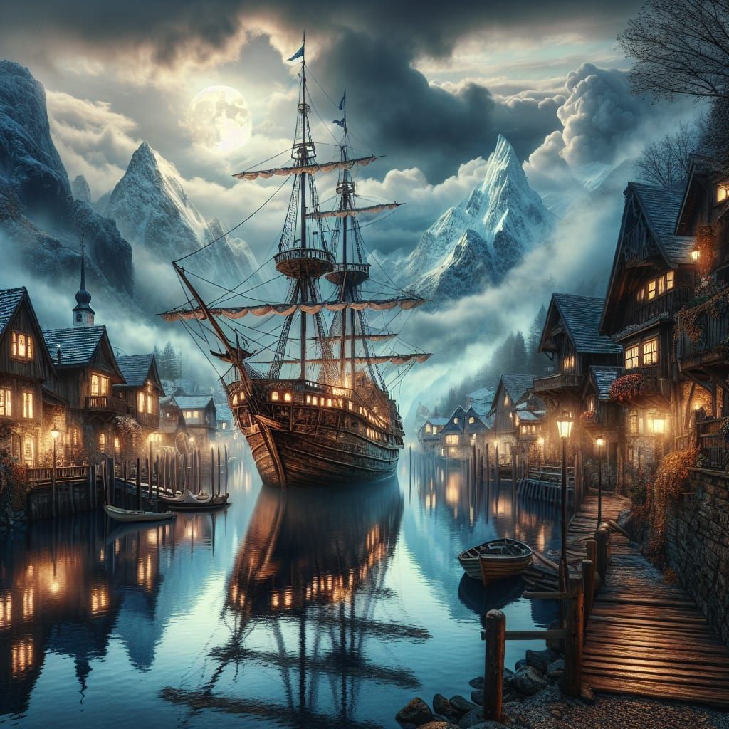 Ethereal Winter Village with Grounded Sailing Ship