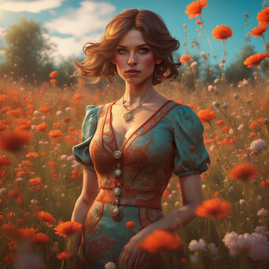 Woman in Sixties Dress in Flower Field, Art Nouveau