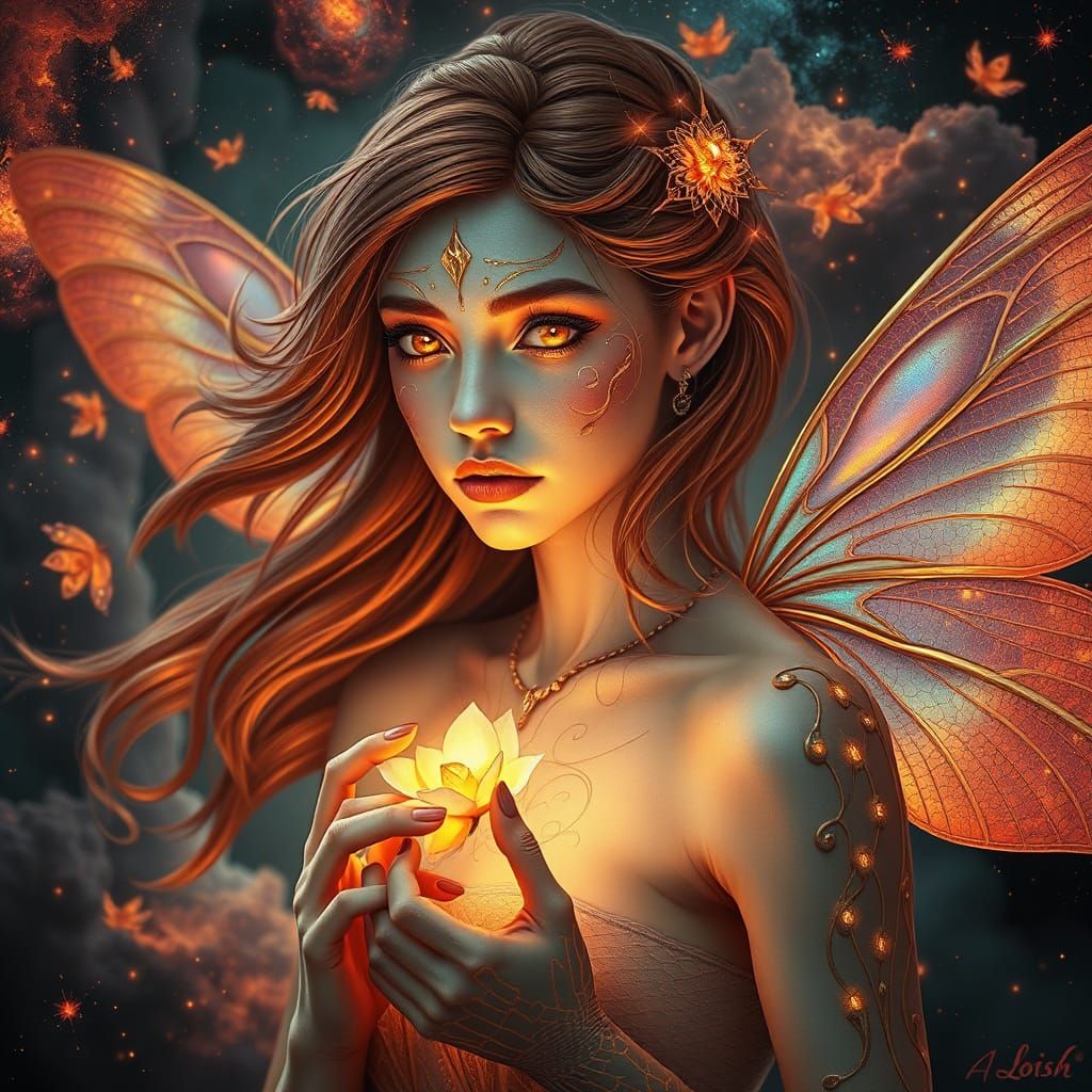 Mystical Woman with Dragonfly Wings in Cosmic Dreamscape