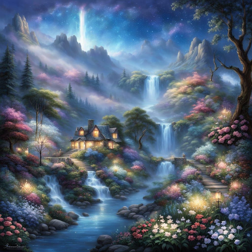 Ethereal Paradise Valley Garden with Glowing Waterfall