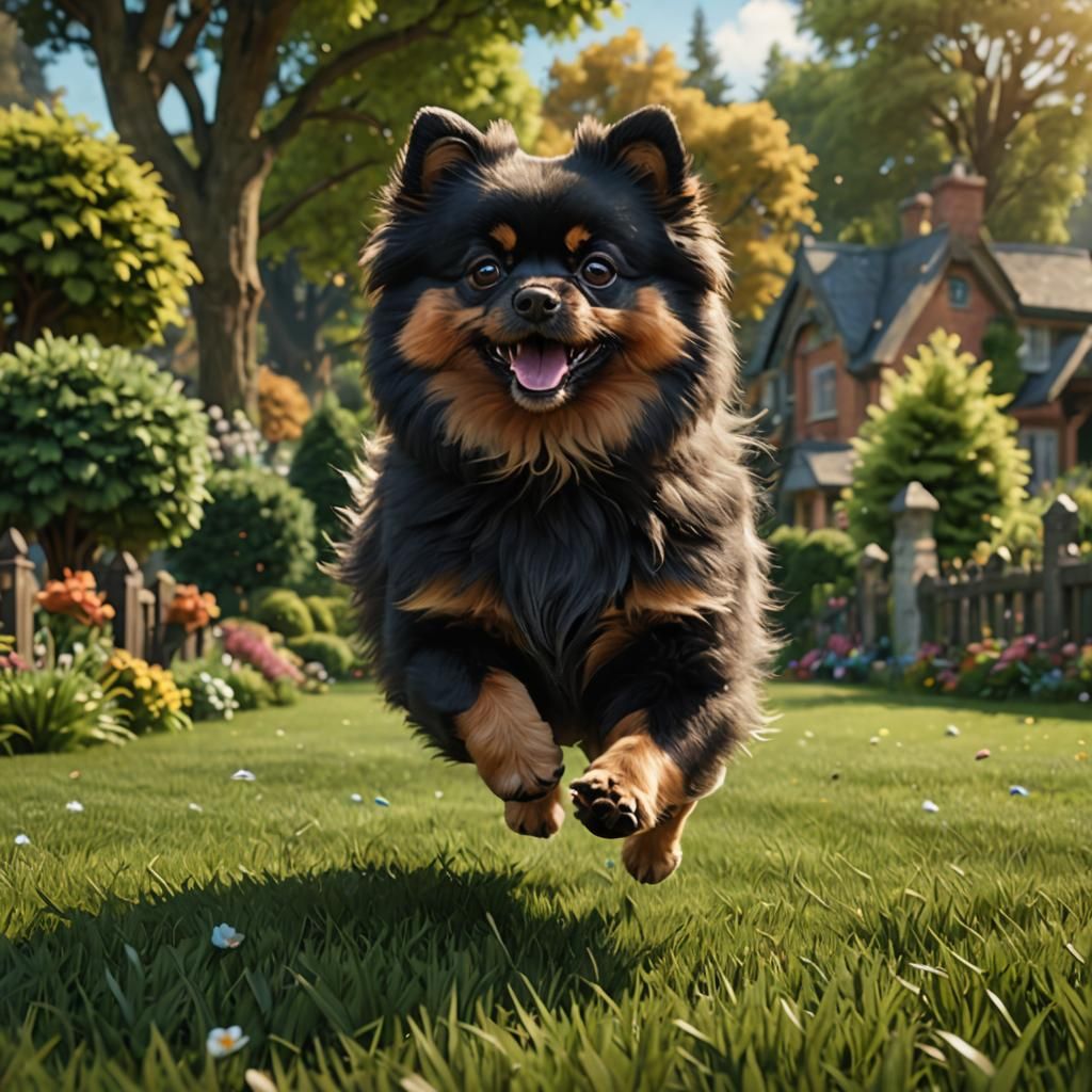 Pomeranian Runs in Backyard: Detailed Fantasy Art