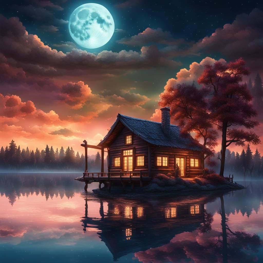 Cabin on Tranquil Lake Under Moonlight: Fantasy Art