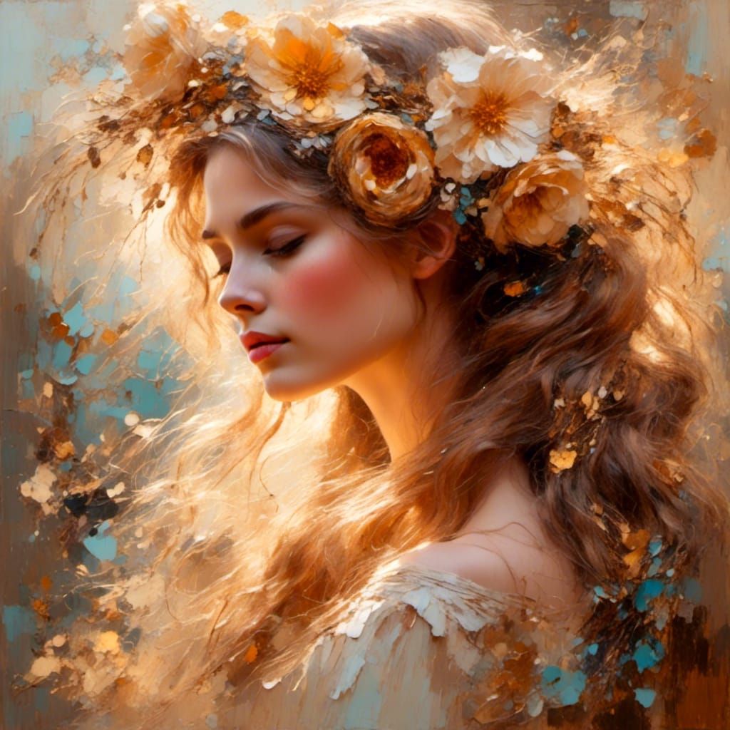 Woman with Flower Hairband in Impressionist Oil Painting