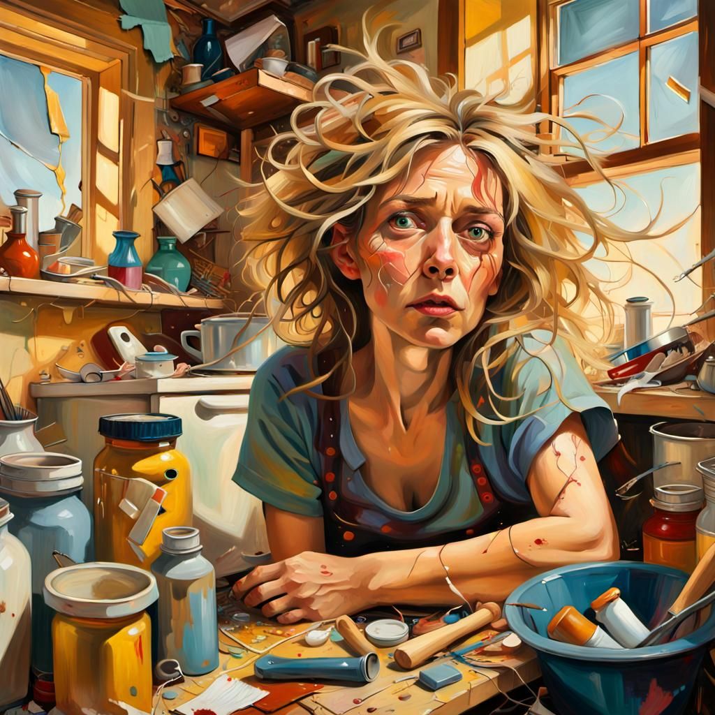 Surrealist Painting of a Frazzled Mother in Chaos