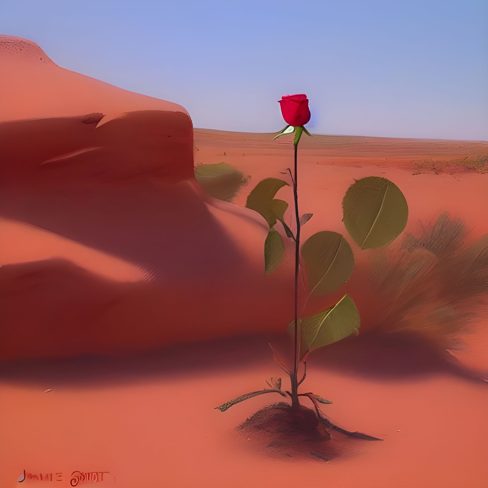 Rose in Desert Landscape as Oil Painting