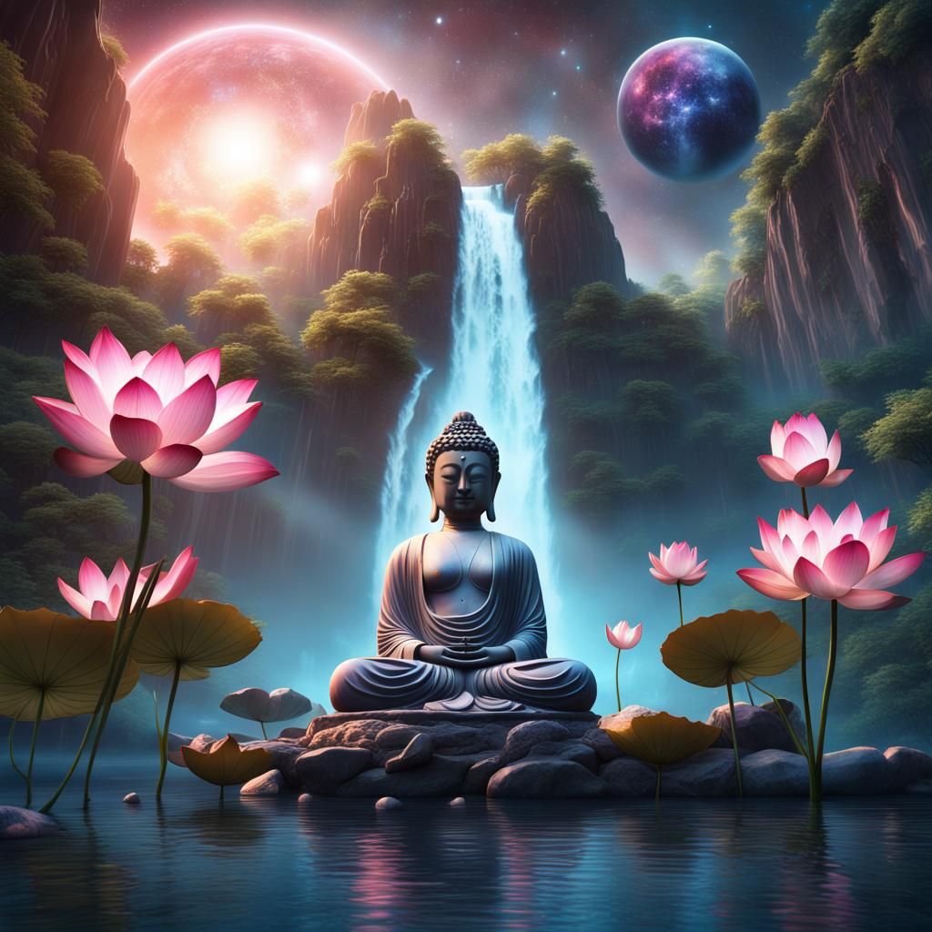 Stone Buddha with Galaxy Sky and Lotus Flowers