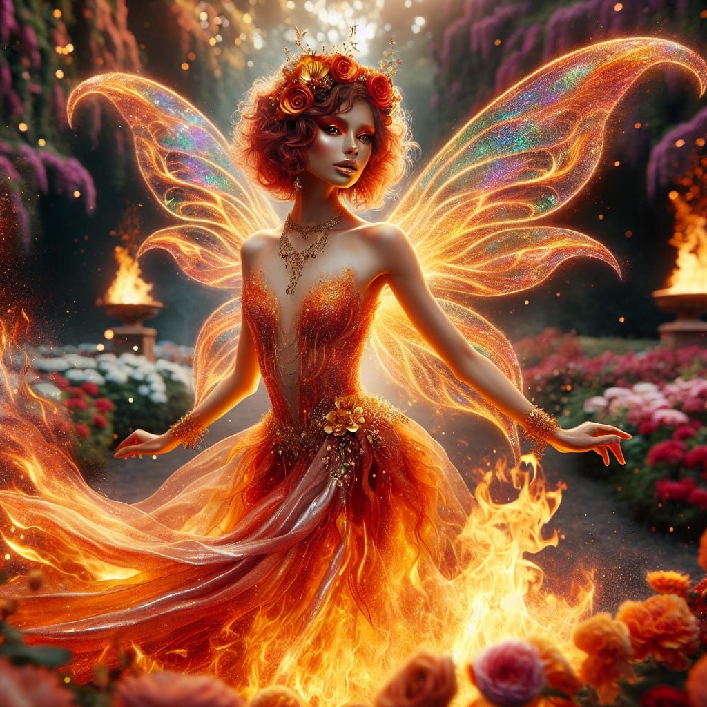 Fiery Fantasy Fairy Angel in a Bonfire Garden
