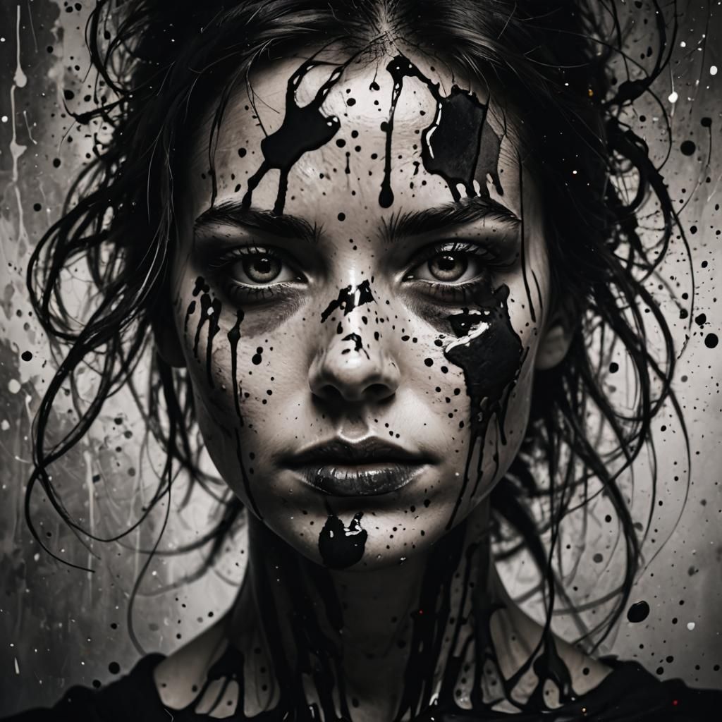High-Contrast Monochrome Portrait with Ink Splatters
