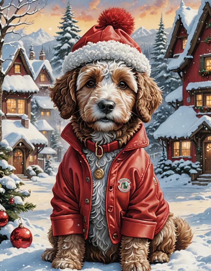 Adorable Berne-doodle in Winter Storybook Illustration