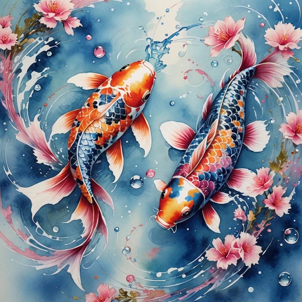 Blue and Pink Koi Fish Watercolor Painting