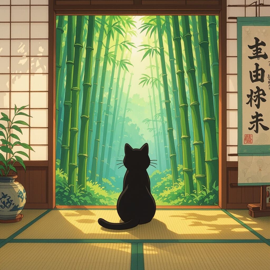 Black Cat Gazing at Bamboo Forest, Ghibli Style