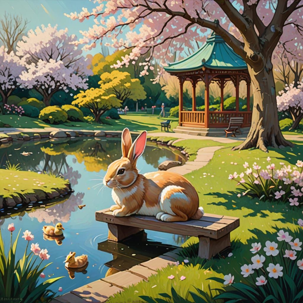 Whimsical Neo-Impressionist Oil Painting of a Bunny in a Lus...