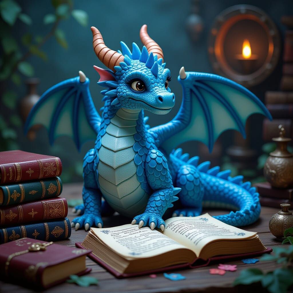 Blue Dragon Surrounded by Books in Splash Art Style