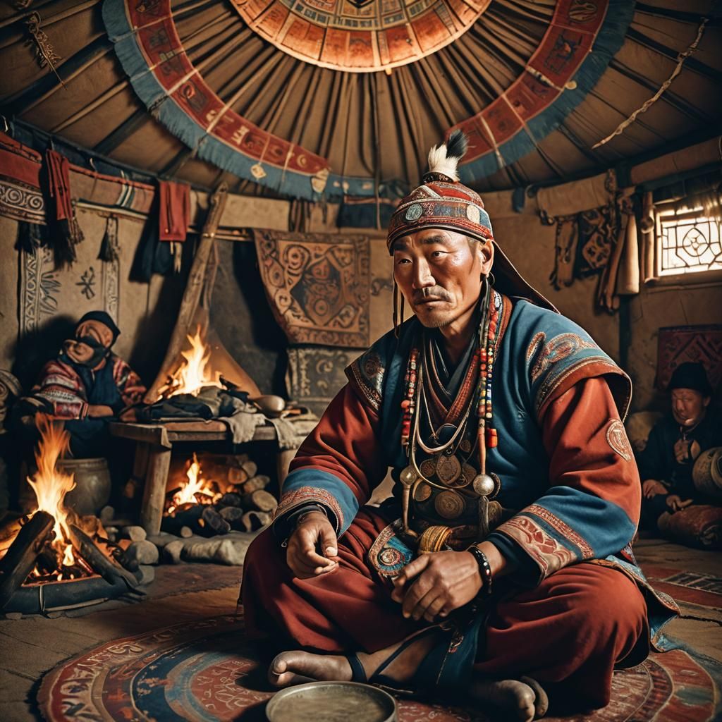 Mongolian Shaman in Yurt, Realistic National Geographic Styl...