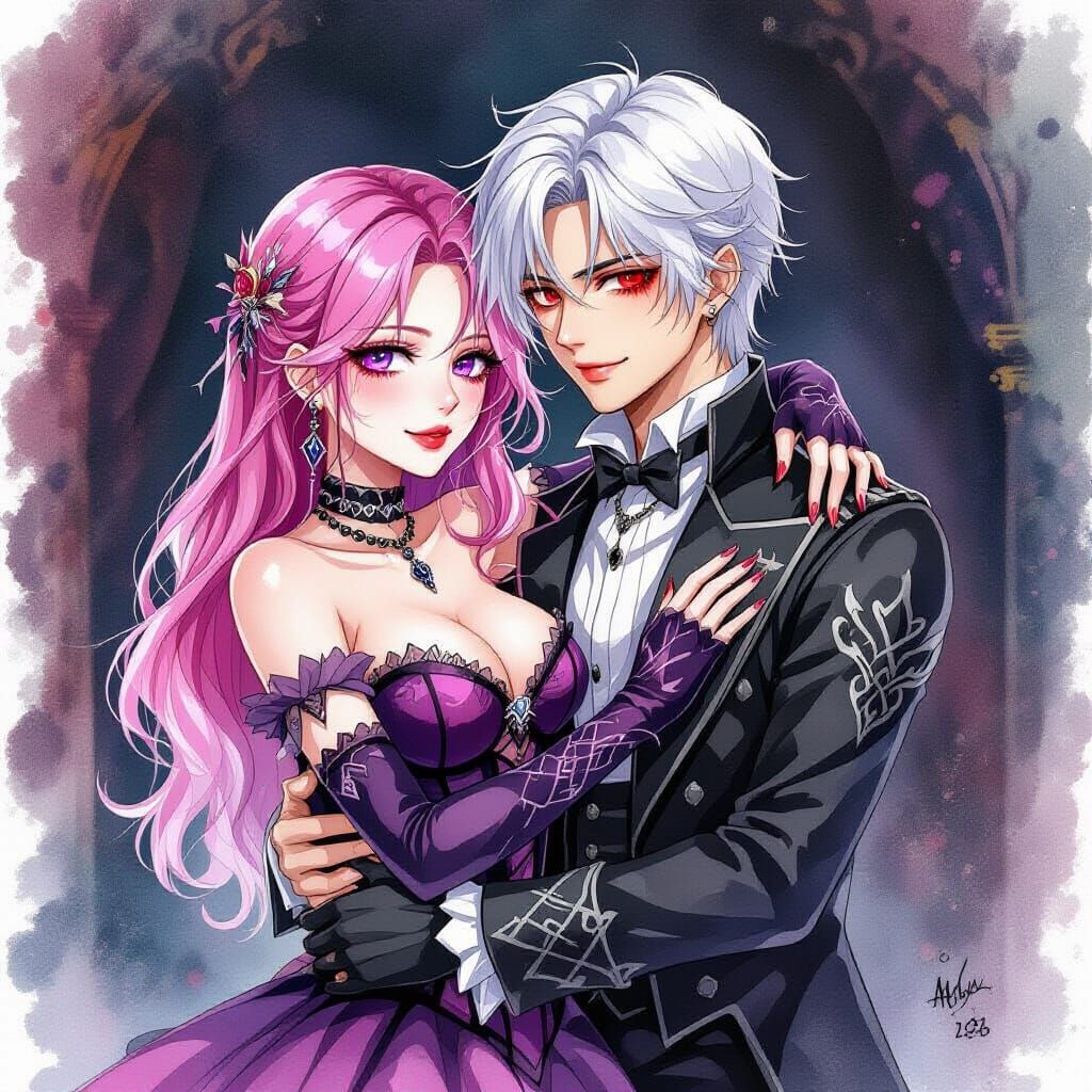 Gothic Dance: Pink-Haired Woman and White-Haired Man