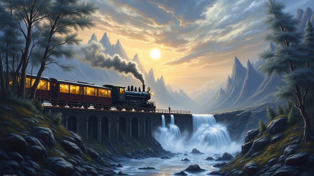 Fantasy Steam Train Crossing River Bridge in Painterly Style