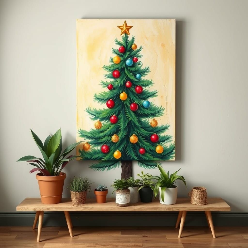 Christmas Tree Amidst Lush Greenery in a Vibrant Art Piece