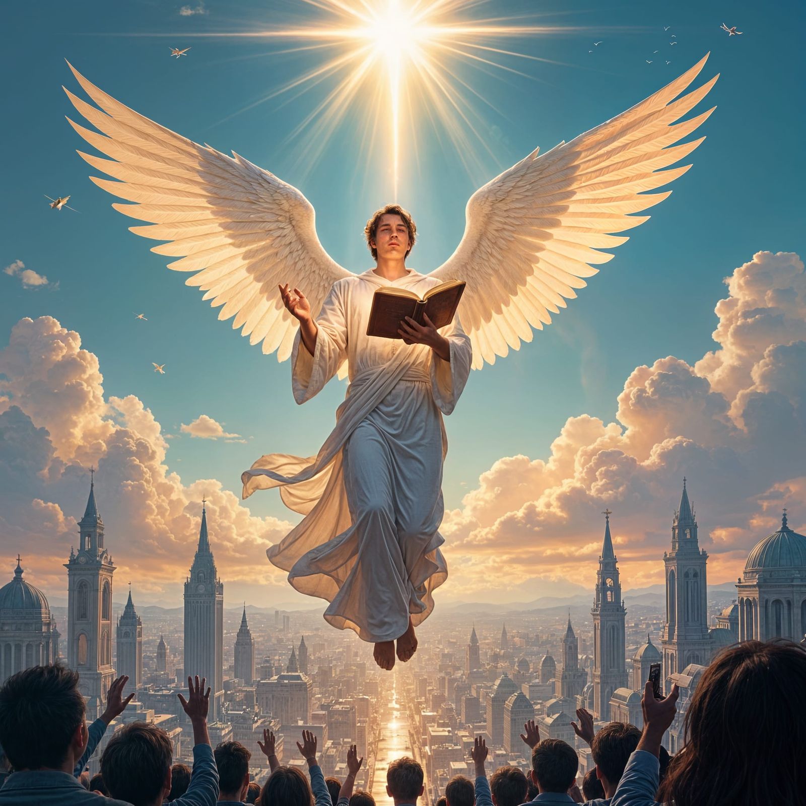 Radiant Angel Preaching Over Vast City