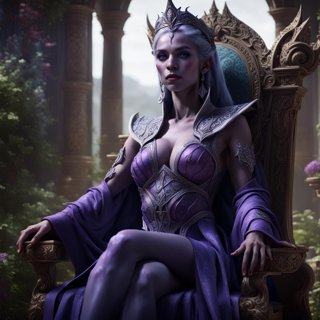 Moon Elf Queen in Garden Palace, Dark Fantasy Art