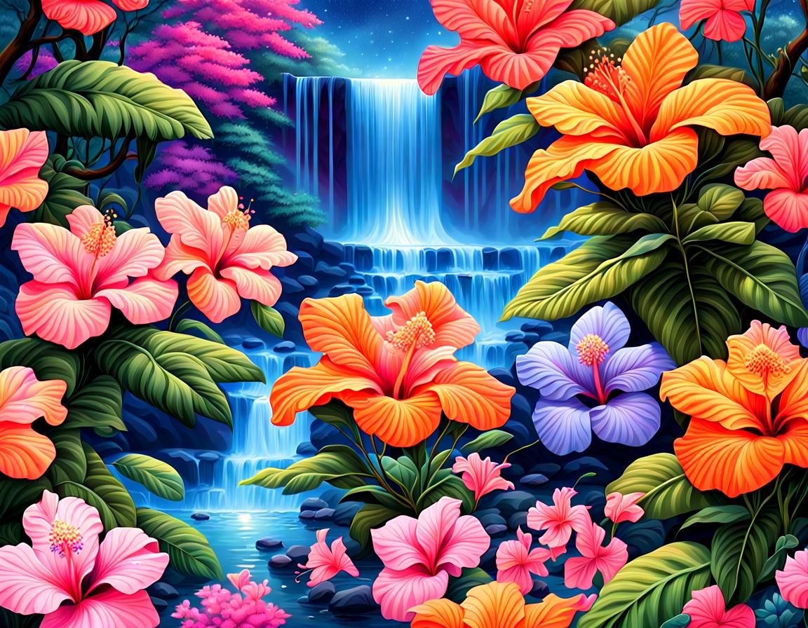 Colorful Xanadu Yard with Waterfall in Kinkade Style