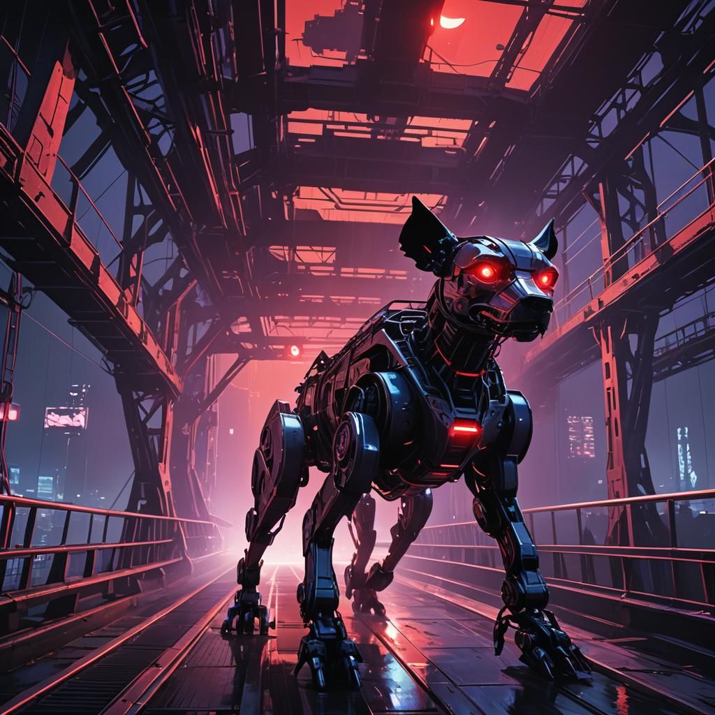 Mechanical Dog Runs Cyberpunk Bridge