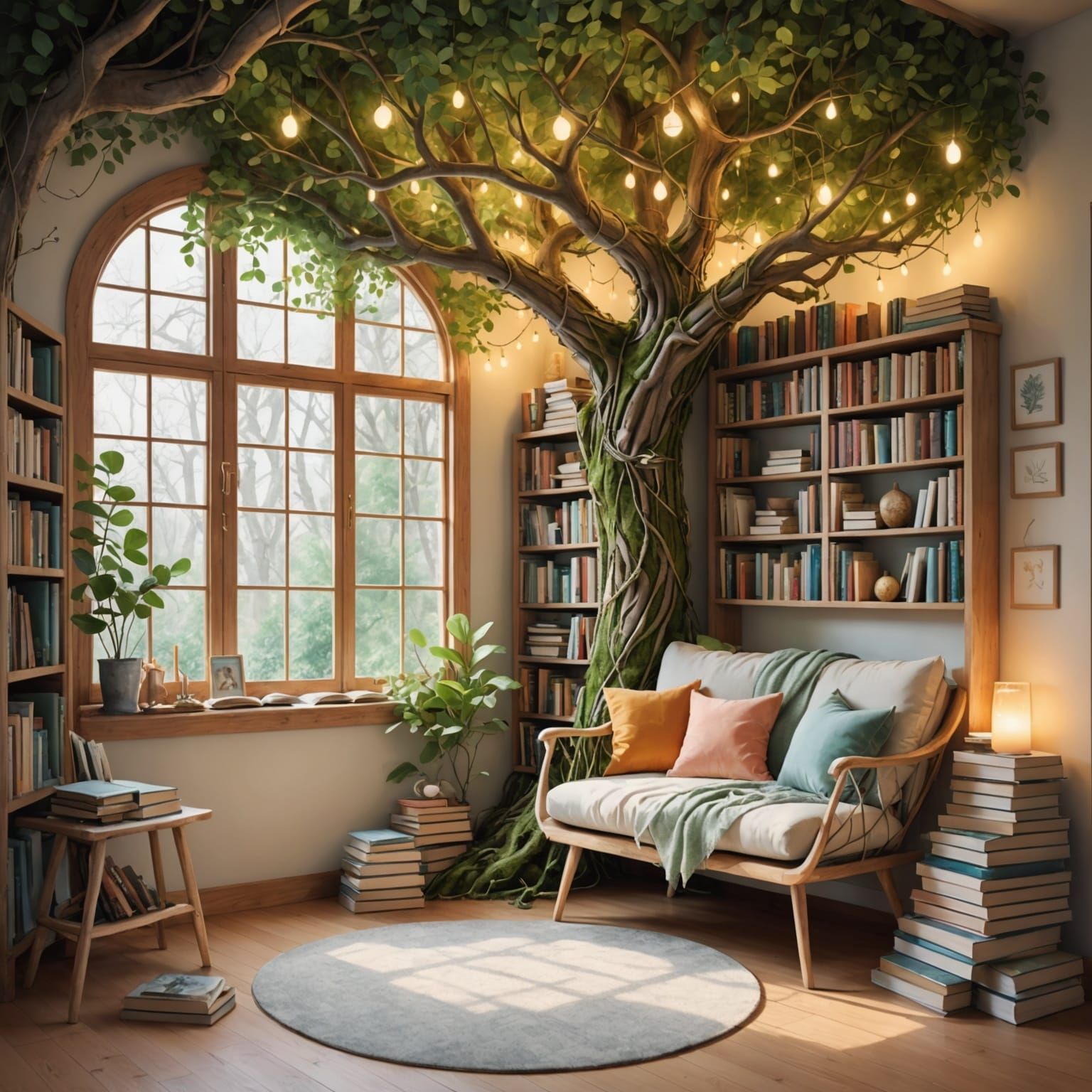 Whimsical Tree Reading Nook as Watercolor Art
