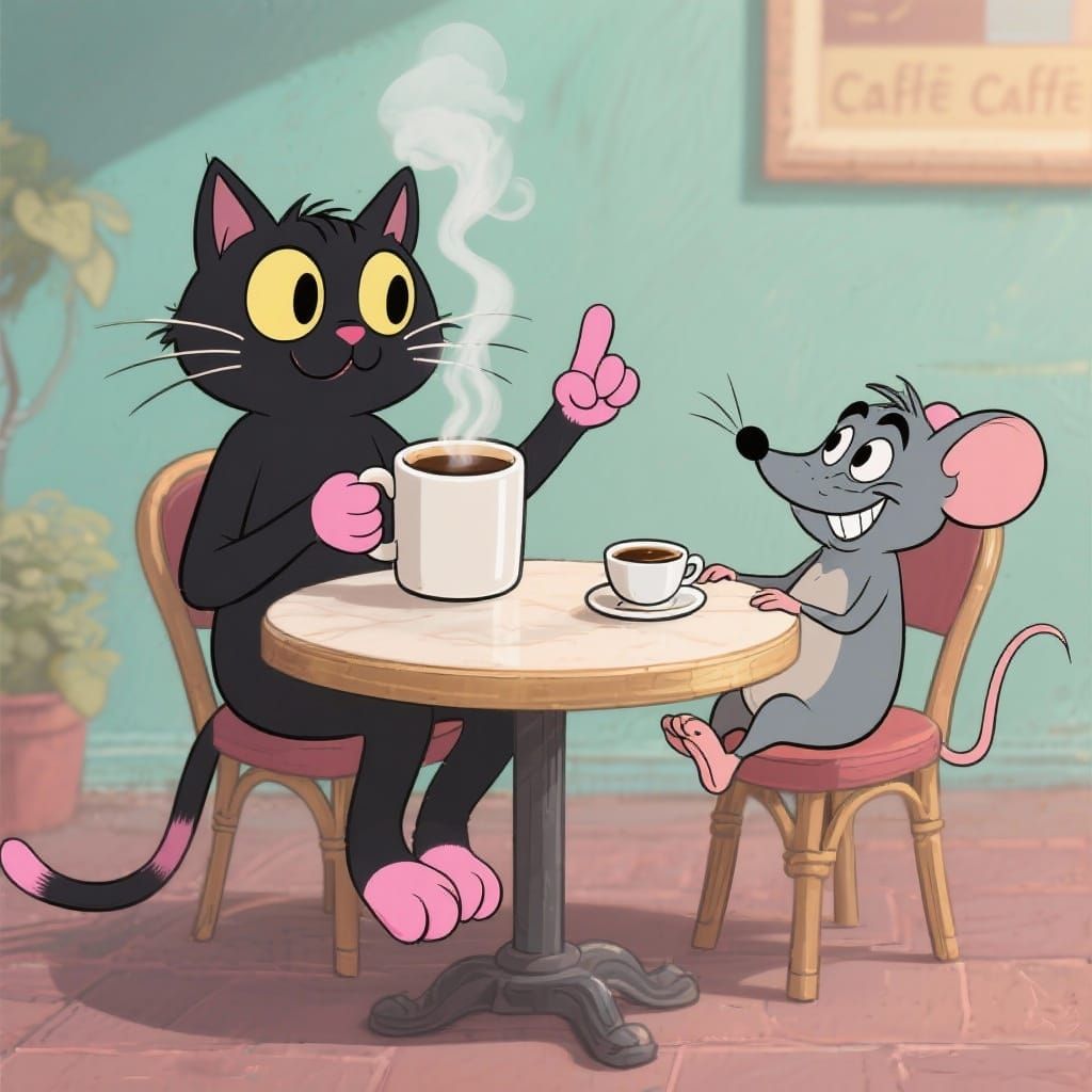 Cartoon Cat and Mouse Enjoy Coffee at Cafe