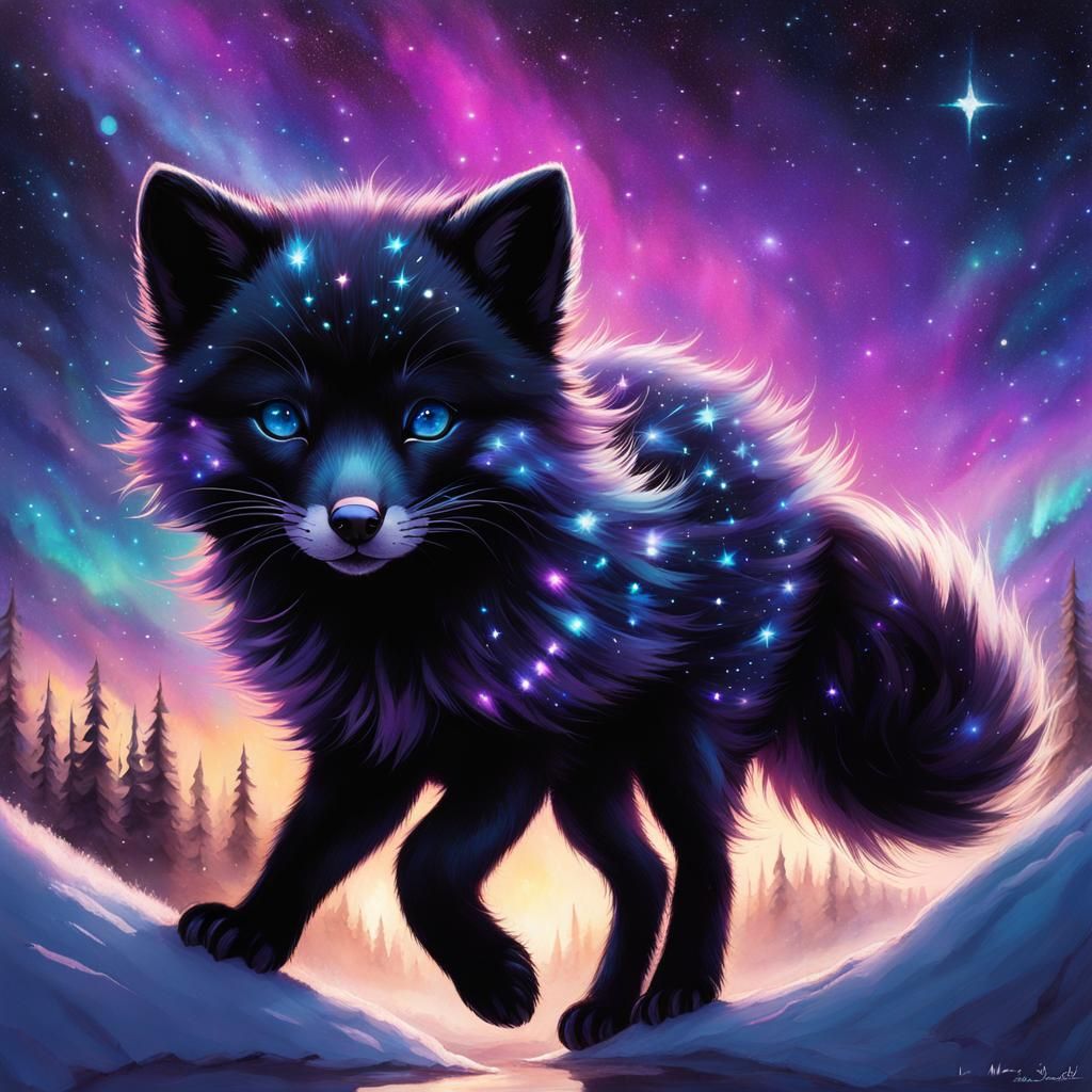 Whimsical Galactic Fox Pup Soaring Through Aurora Sky