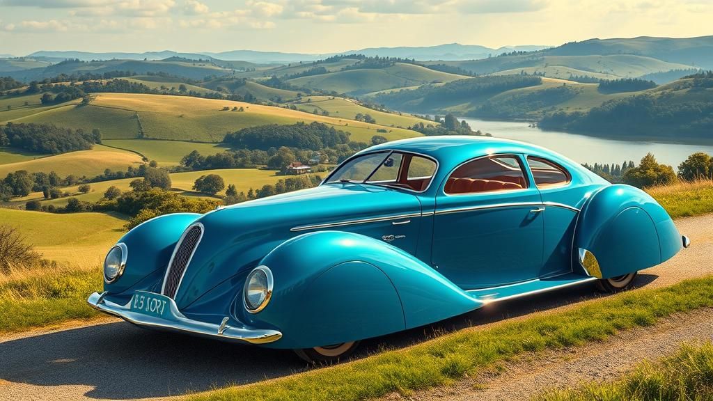 Futuristic 1930s Electric Family Car in Countryside