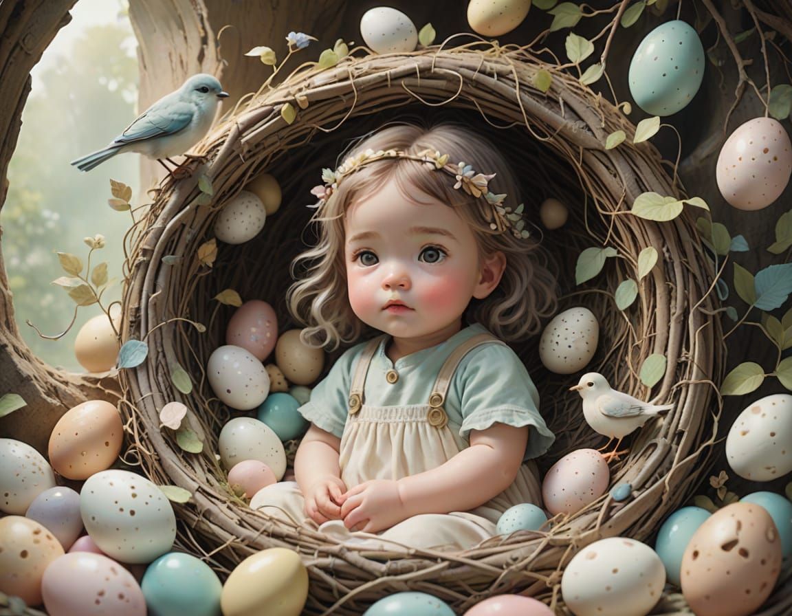 Whimsical Ghibli-Inspired Baby Girl in a Bird's Nest