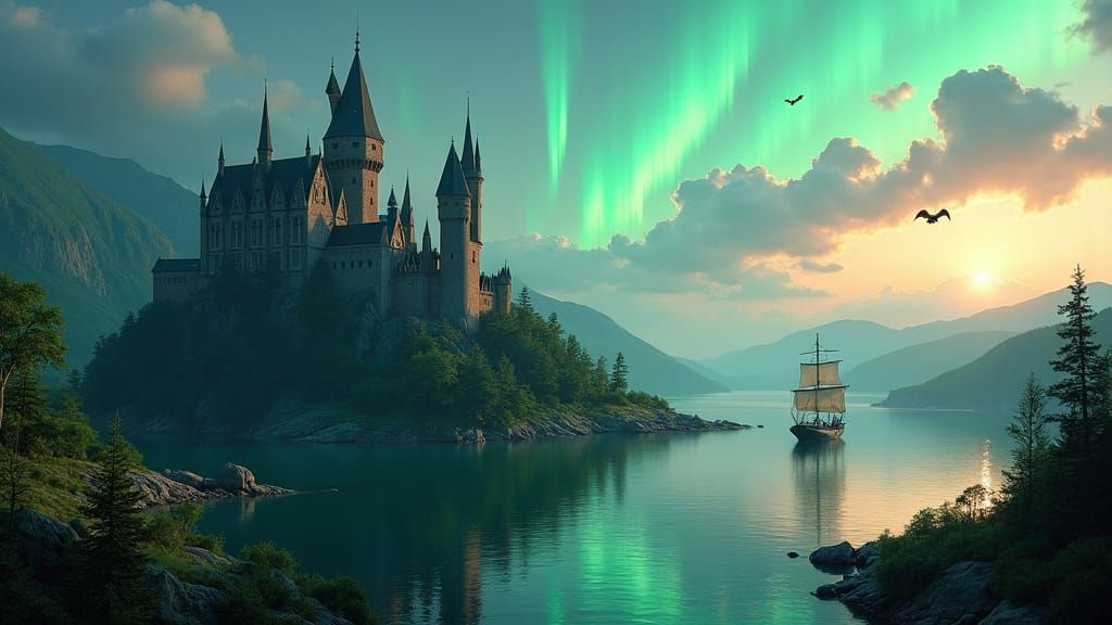 Hogwarts Castle with Dragons and Northern Lights
