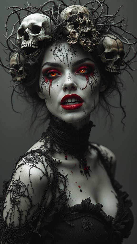 Cybergothic Queen of Bones in Biomech Crown of Thorns