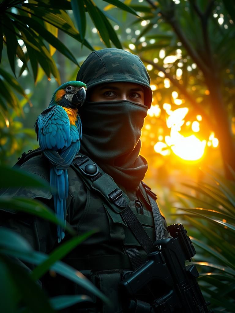 A navy seal in full camo from head to toe,in a lush tropical...