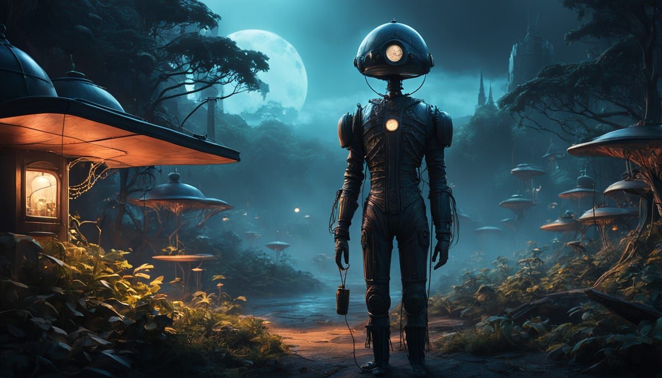 Luminous Marionette Gardener Strolls Surreal Night Garden