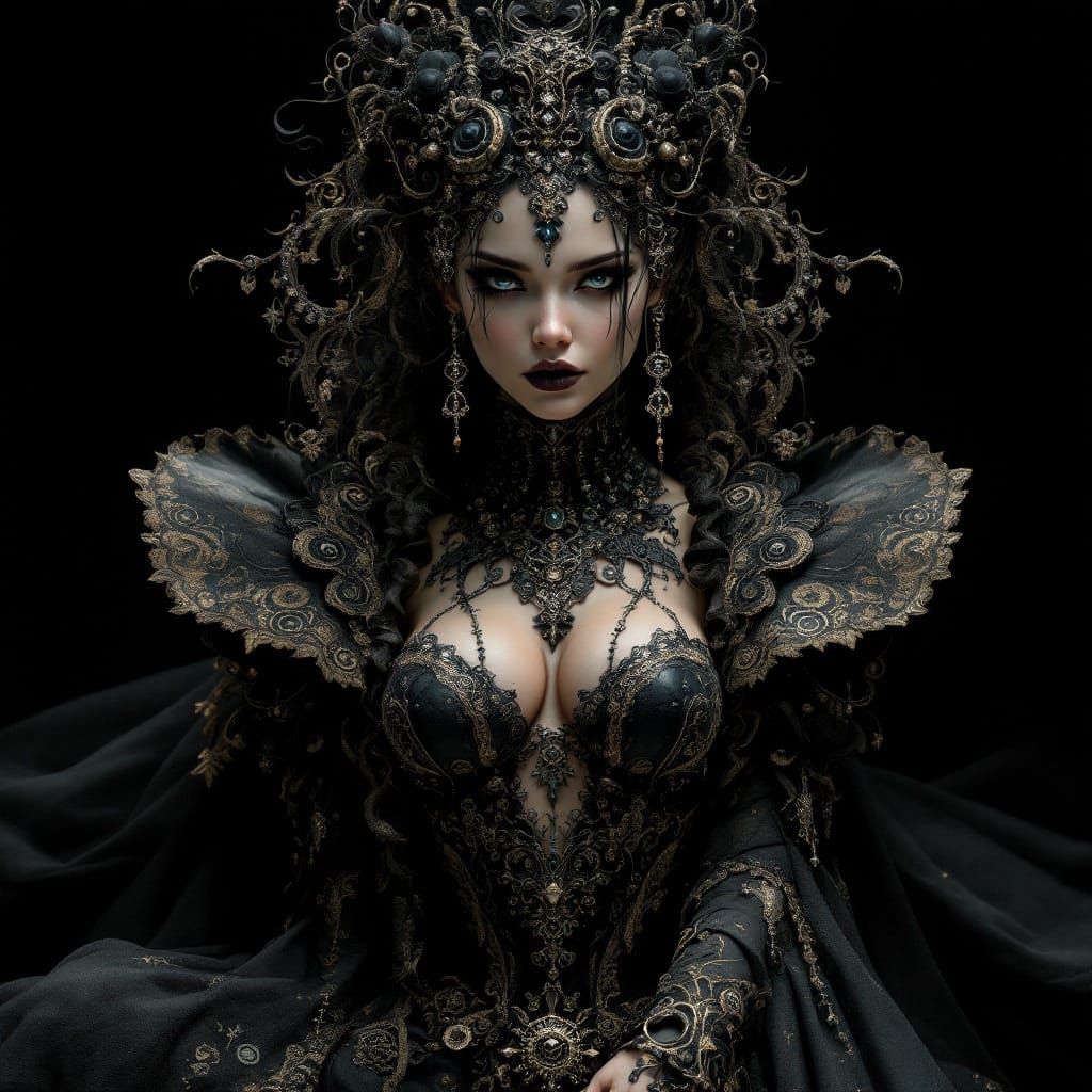 Baroque Mysterious Woman in Dark Fantasy Attire