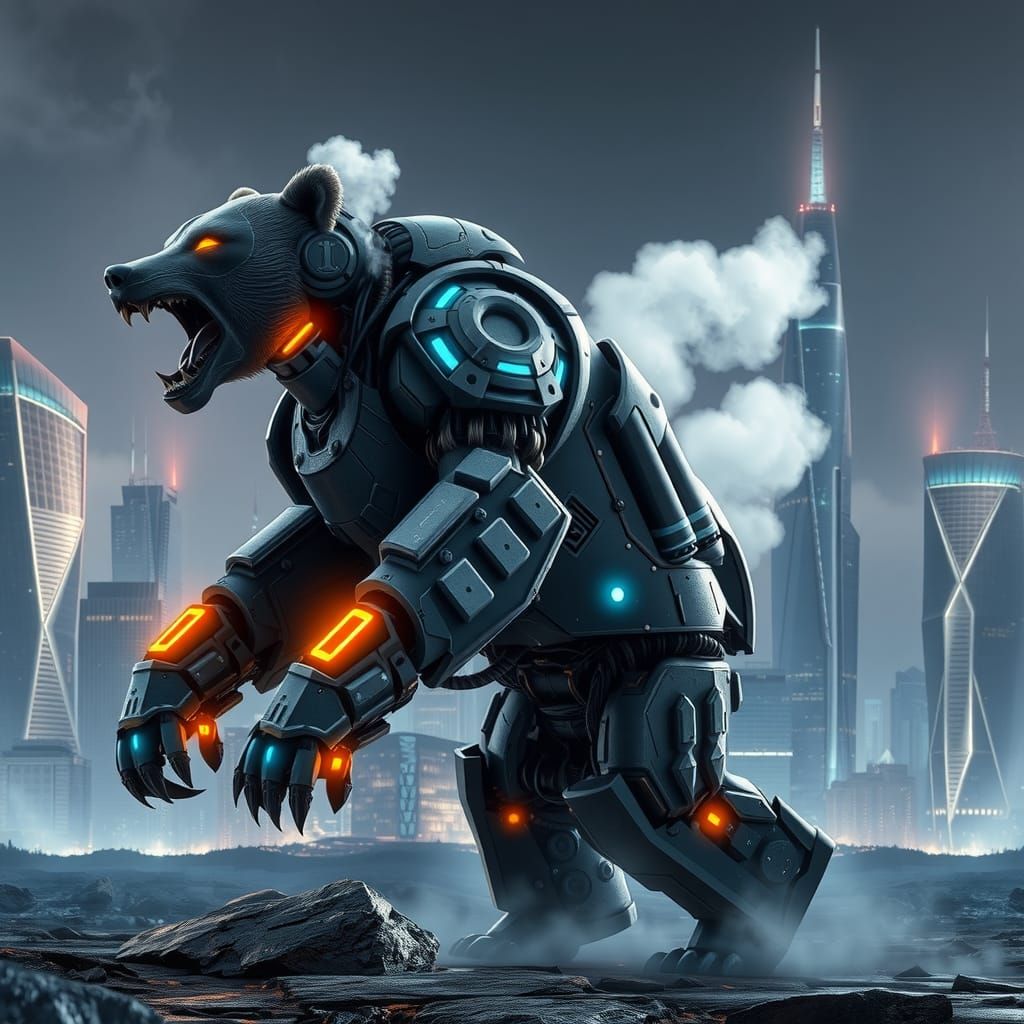 Cybernetic Grizzly Bear Roaring in Futuristic City